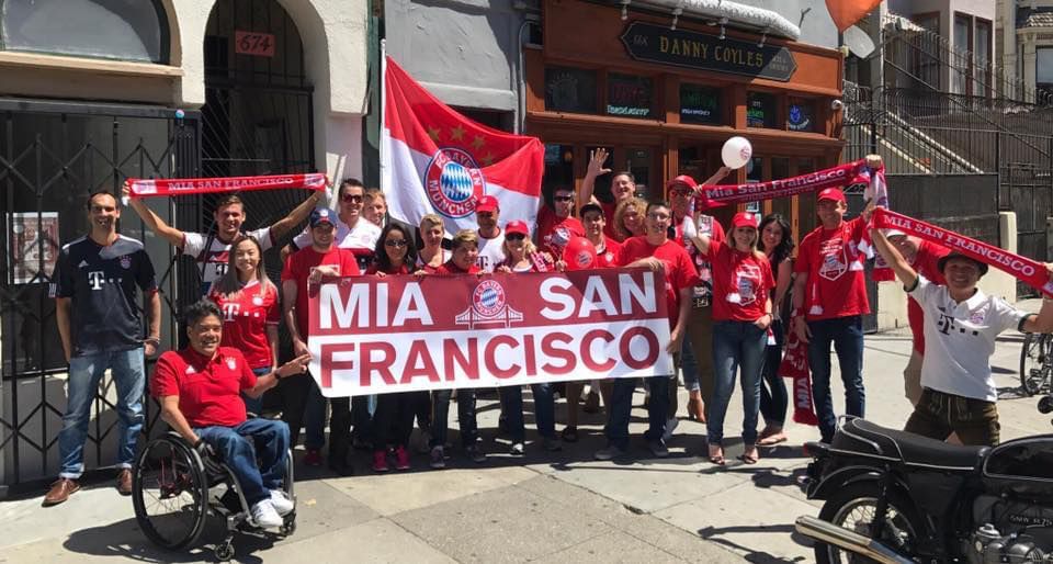 Mia San Francisco members with banner outside Danny Coyle's